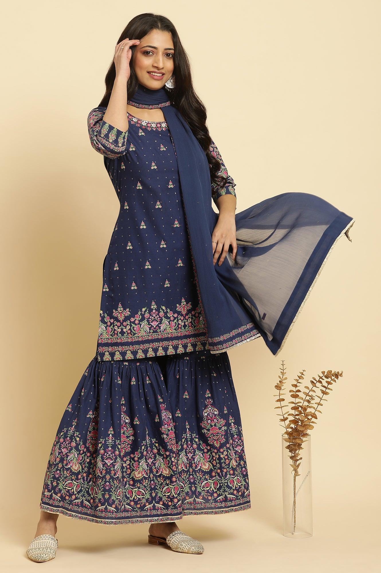 Blue Floral Printed Kurta, Sharara And Dupatta Set - Image 6