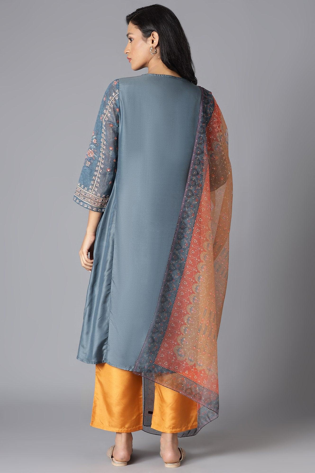 Teal Mock Layer kurta, Orange Parallel Pants And Dupatta Set - Image 3