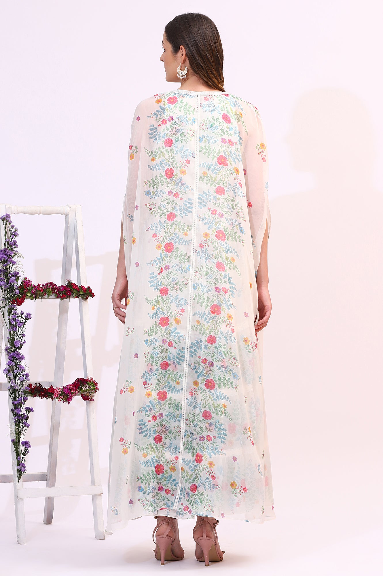 White Floral Printed Chiffon Tiered Flared Dress with Printed Cape - Image 7