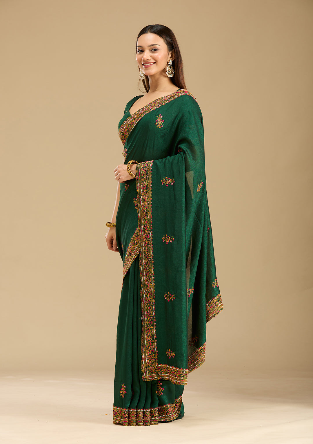 Bottle Green Kashmiri Soft Raw Silk Saree - Image 2